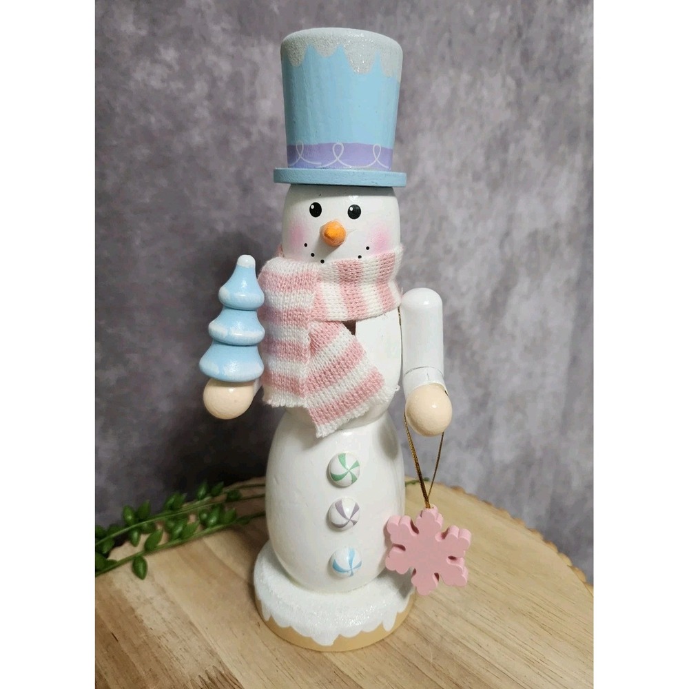 Pastel Snowman Nutcracker Frosty‎ Scarf Top Hat Wooden 9" Christmas Winter NEW